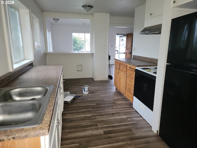 kitchen featuring range with electric cooktop, black refrigerator, light brown cabinets, dark wood-type flooring, and sink