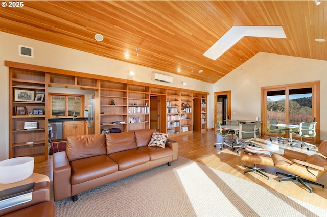 living room with built in features, wood ceiling, high vaulted ceiling, a skylight, and a wall mounted AC