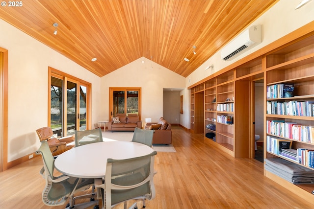 dining room with light hardwood / wood-style floors, wood ceiling, a wall mounted air conditioner, built in shelves, and vaulted ceiling