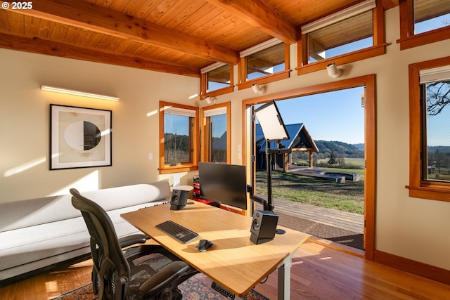 office area with wood ceiling, hardwood / wood-style flooring, and beamed ceiling