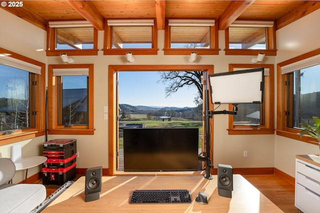 interior space featuring beam ceiling, light hardwood / wood-style floors, and wooden ceiling