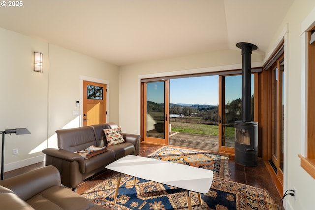 living room with a wood stove