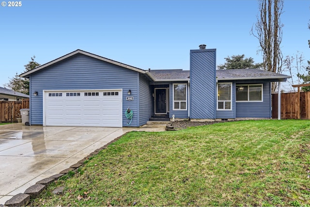 ranch-style house with fence, concrete driveway, a front yard, a garage, and a chimney