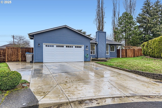 ranch-style home with fence, driveway, a chimney, a front lawn, and a garage