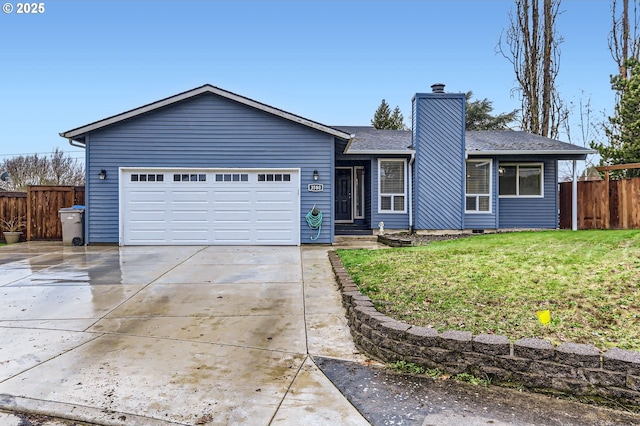 ranch-style house featuring fence, concrete driveway, a front yard, a chimney, and a garage