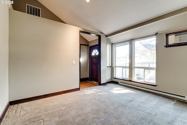 interior space featuring a baseboard radiator, vaulted ceiling, and an AC wall unit