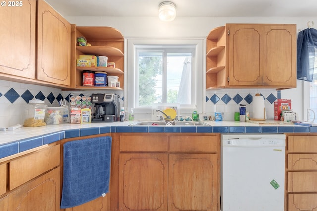 1453 N St, Springfield, OR 97477 - kitchen with white dishwasher, open shelves, and tile counters