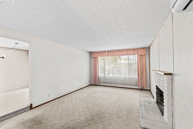2452 Beaver St, Eugene, OR 97404 - unfurnished living room with a textured ceiling, a brick fireplace, carpet, and a wall unit AC