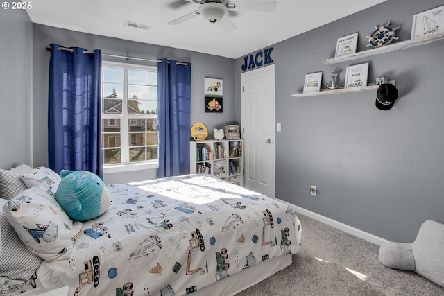 bedroom featuring carpet floors, visible vents, ceiling fan, and baseboards