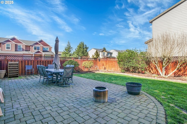 view of patio with a fenced backyard and outdoor dining space