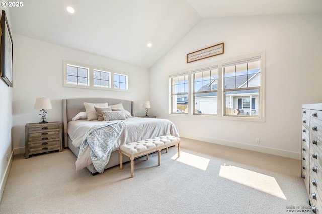 bedroom with light colored carpet, recessed lighting, baseboards, and high vaulted ceiling
