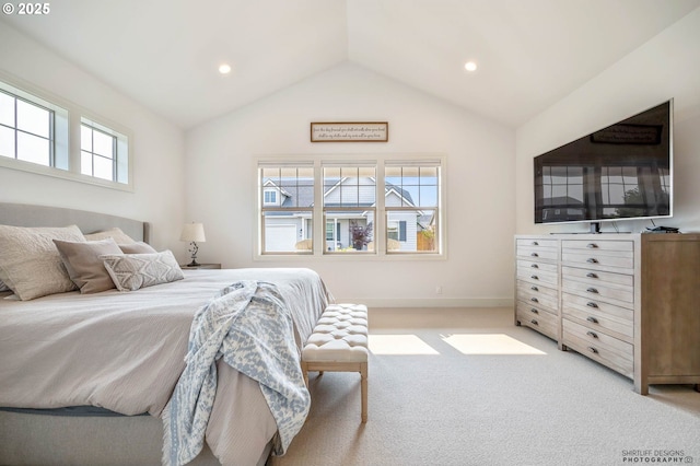 bedroom with light colored carpet, baseboards, vaulted ceiling, and recessed lighting