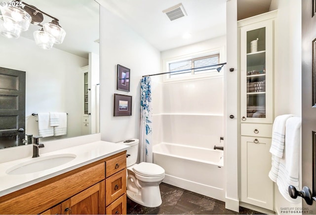 bathroom featuring visible vents, shower / bath combination with curtain, toilet, and vanity