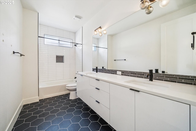 2585 SE 13th Ave, Portland, OR 97202 - bathroom with backsplash, toilet, a sink, and double vanity