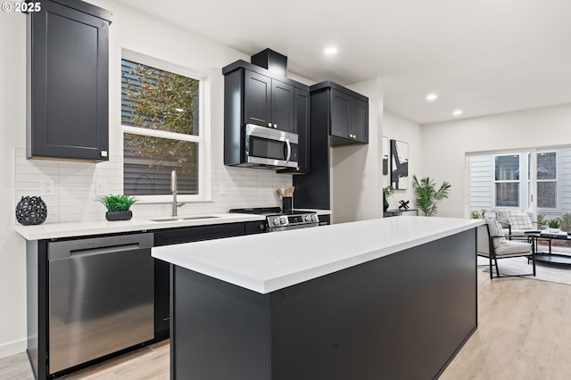 kitchen with sink, light wood-type flooring, plenty of natural light, a kitchen island, and stainless steel appliances