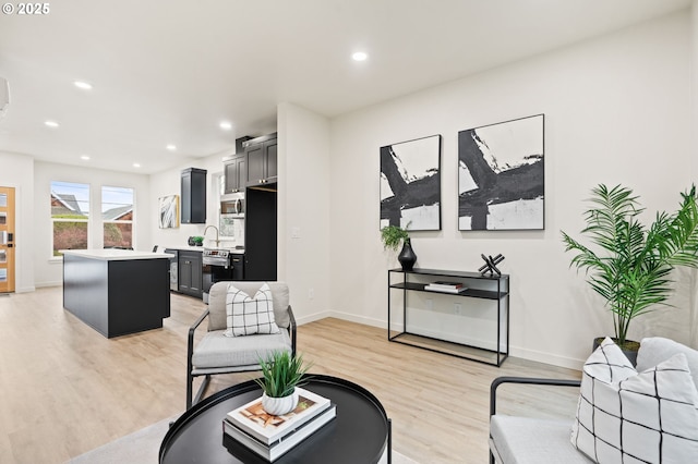 living room featuring sink and light hardwood / wood-style flooring