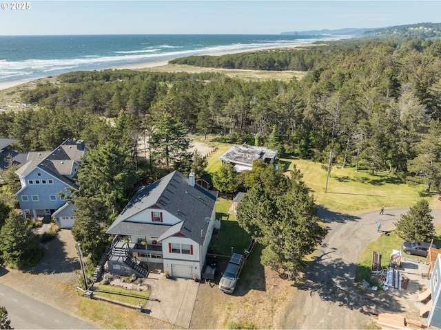 aerial view featuring a beach view and a water view