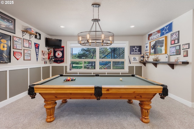 game room featuring recessed lighting, carpet flooring, and baseboards