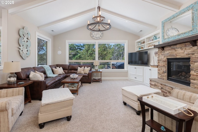 living room with a chandelier, a healthy amount of sunlight, light colored carpet, and vaulted ceiling with beams