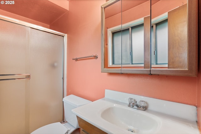 bathroom featuring a stall shower, toilet, and vanity