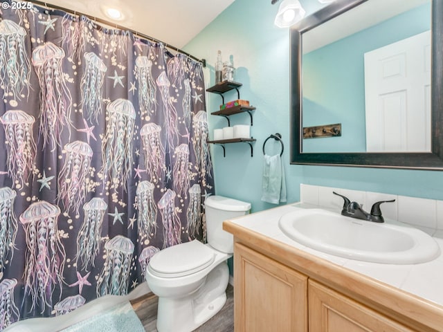 35530 Edies Way, Saint Helens, OR 97051 - full bathroom with vanity, wood finished floors, and a shower with shower curtain