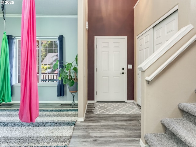 35530 Edies Way, Saint Helens, OR 97051 - entrance foyer with ornamental molding, wood finished floors, and stairs