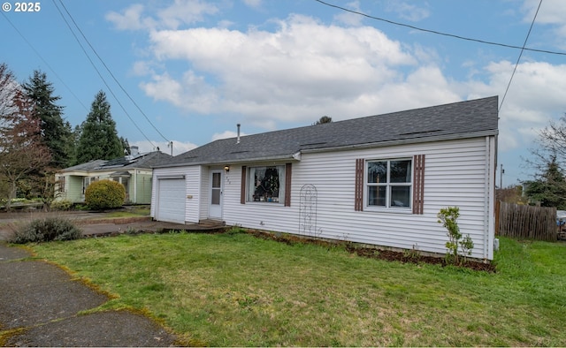 single story home with a front yard, fence, a garage, and roof with shingles