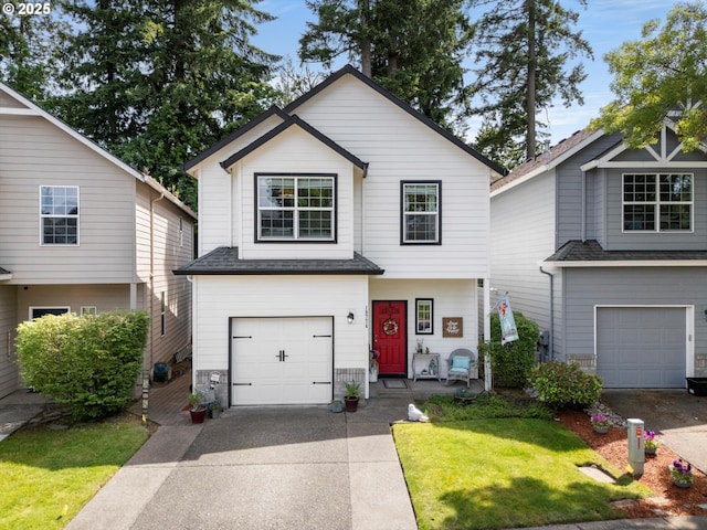 19774 SW Ashcroft Ln, Beaverton, OR 97003 - view of front of home with concrete driveway, a garage, a front yard, and roof with shingles