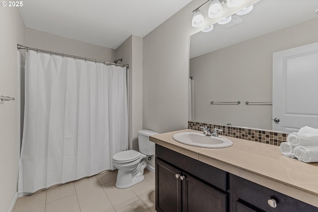 2908 S White Salmon Dr, Ridgefield, WA 98642 - bathroom with vanity, tile patterned floors, tasteful backsplash, and curtained shower