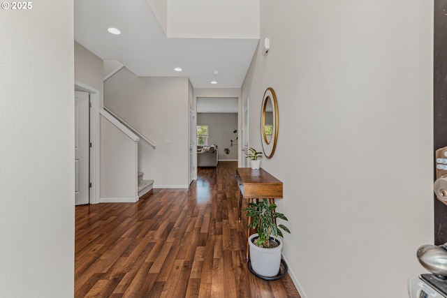 2908 S White Salmon Dr, Ridgefield, WA 98642 - hall featuring wood finished floors, stairway, and recessed lighting