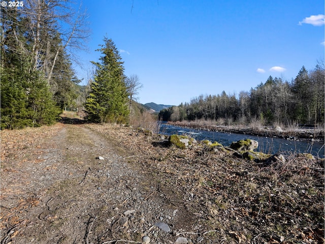 view of street with a water view and a forest view