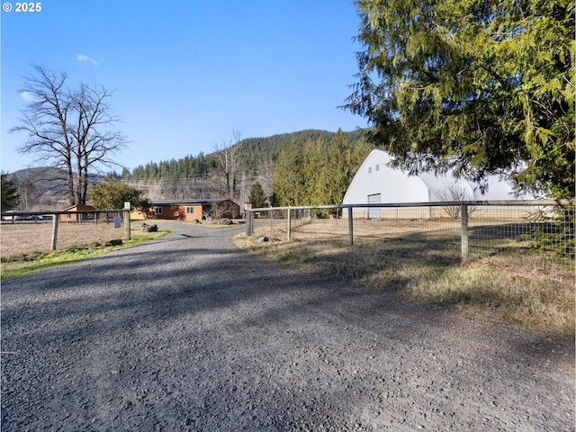 view of street with a rural view, driveway, a gated entry, and a mountain view