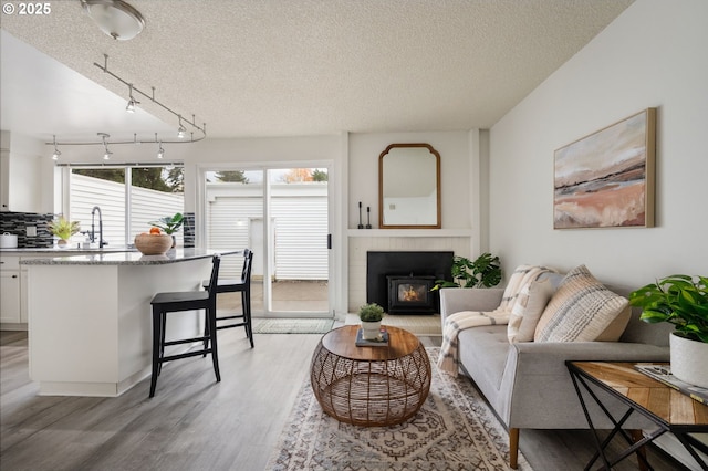 living room featuring rail lighting, light hardwood / wood-style floors, a fireplace, a textured ceiling, and sink