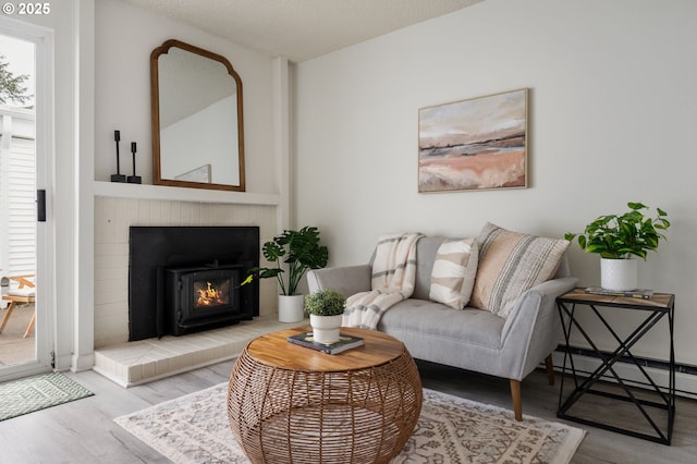 living room with baseboard heating, light wood-type flooring, and a wealth of natural light