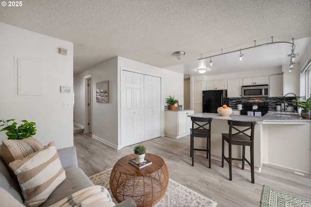 living room with light wood-type flooring, a textured ceiling, rail lighting, and sink