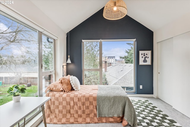 carpeted bedroom featuring lofted ceiling