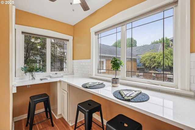 kitchen featuring light countertops, ceiling fan, a wealth of natural light, and wood finished floors