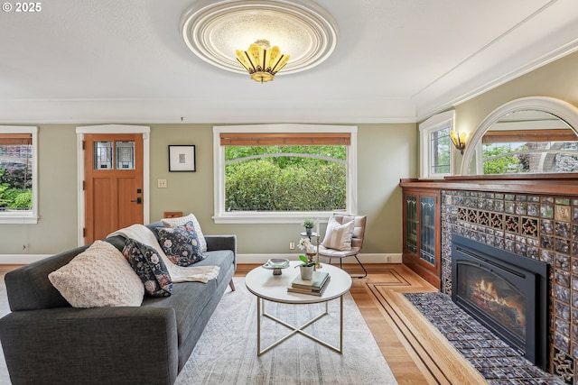 living room featuring crown molding, baseboards, wood finished floors, and a fireplace