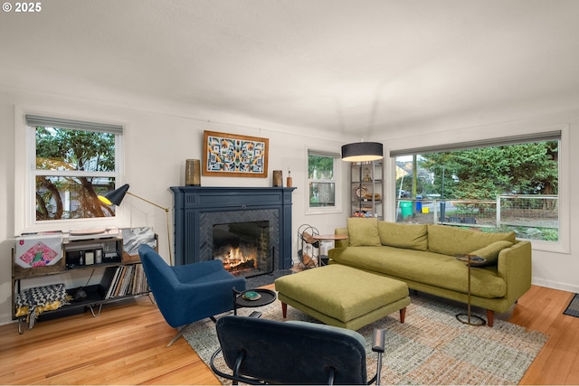 living area featuring light wood-style flooring and a lit fireplace