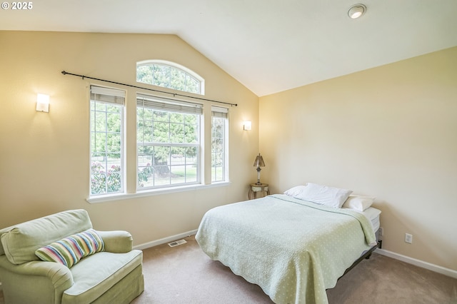 bedroom featuring vaulted ceiling, carpet, and baseboards