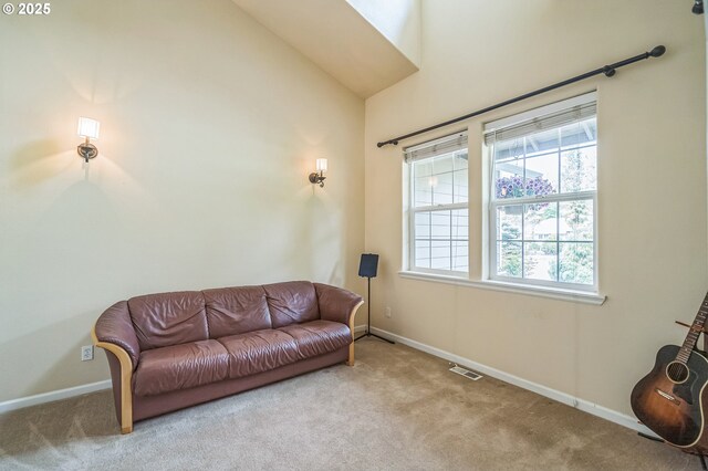 living area featuring carpet floors, baseboards, and vaulted ceiling