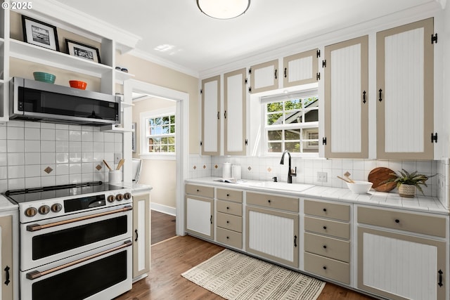 226 N Highland St, Portland, OR 97217 - kitchen with stainless steel microwave, a sink, double oven range, tasteful backsplash, and ornamental molding