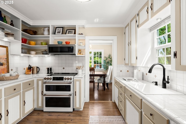 226 N Highland St, Portland, OR 97217 - kitchen featuring double oven range, stainless steel microwave, a sink, tasteful backsplash, and ornamental molding