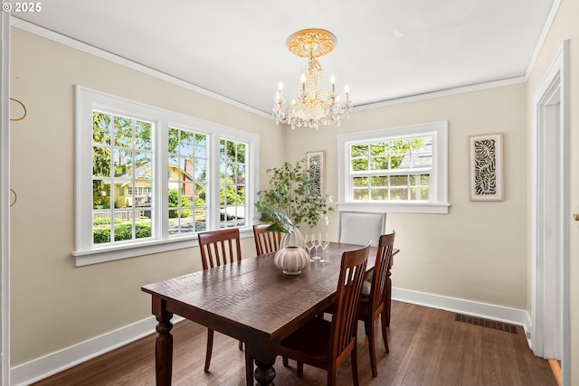 226 N Highland St, Portland, OR 97217 - dining area featuring a chandelier, baseboards, plenty of natural light, ornamental molding, and dark wood-style floors