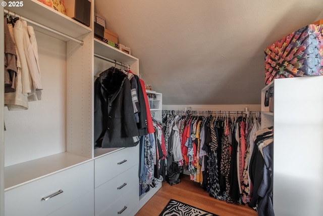 walk in closet with lofted ceiling and wood finished floors