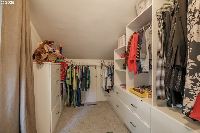 walk in closet with light colored carpet