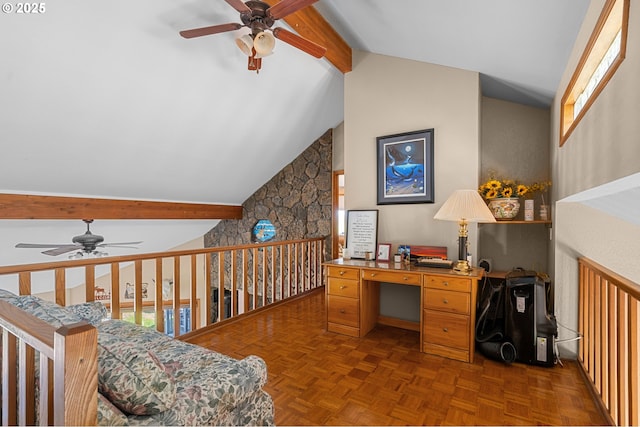home office featuring high vaulted ceiling, ceiling fan, and beamed ceiling