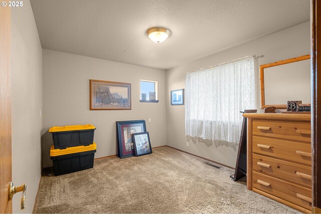interior space featuring baseboards, visible vents, and carpet