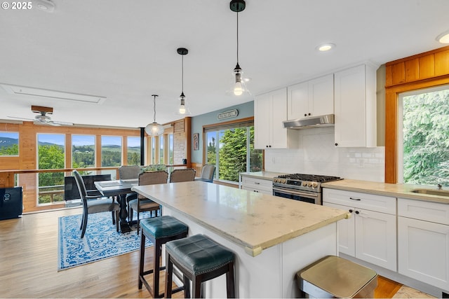 1626 NE Regatta Way, Lincoln City, OR 97367 - kitchen with under cabinet range hood, backsplash, stainless steel range with gas cooktop, a kitchen island, and white cabinetry