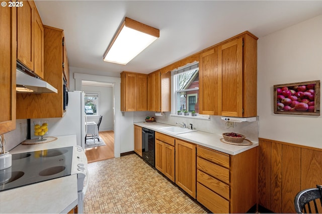 kitchen with under cabinet range hood, light countertops, black dishwasher, electric stove, and a sink